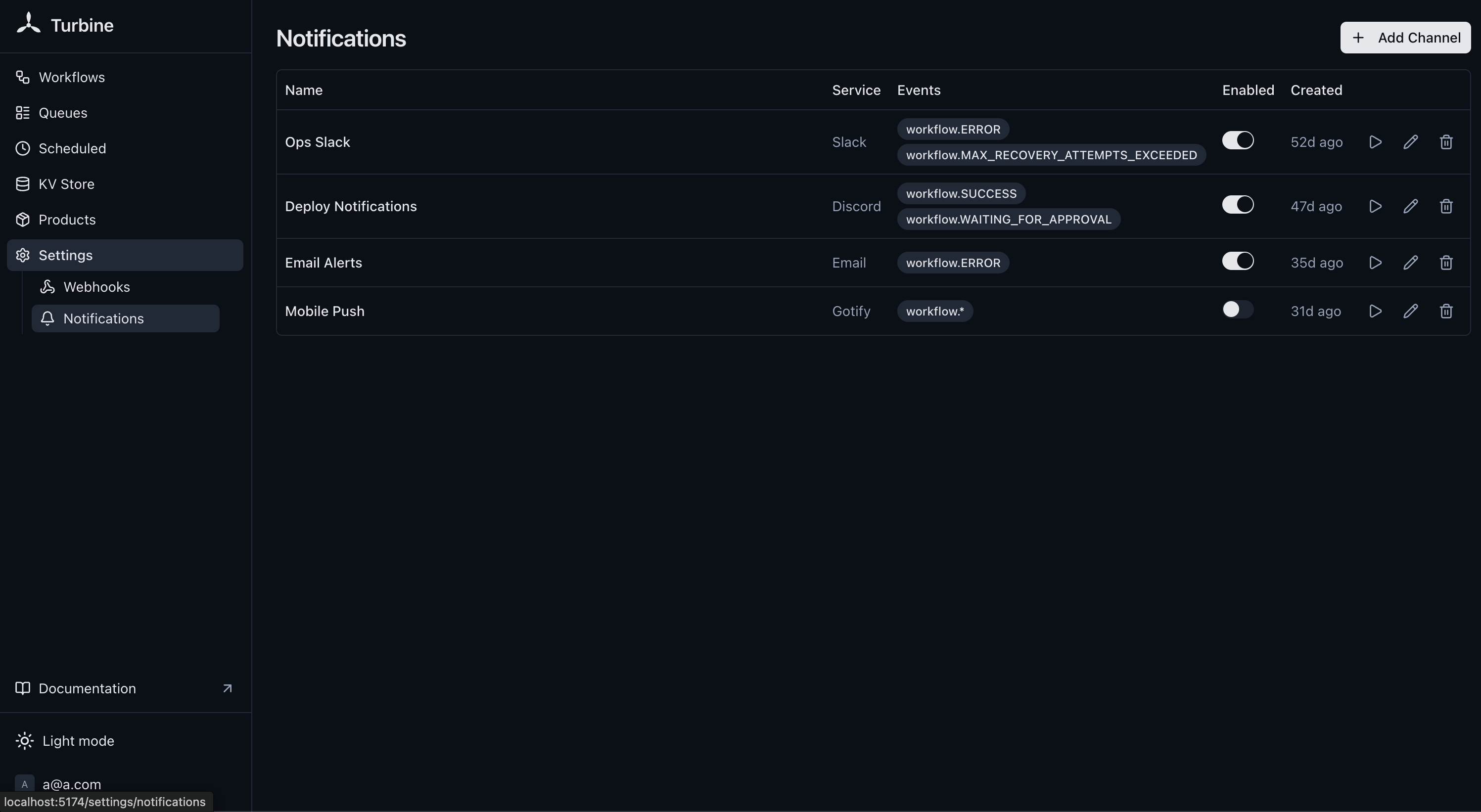 Notifications page
